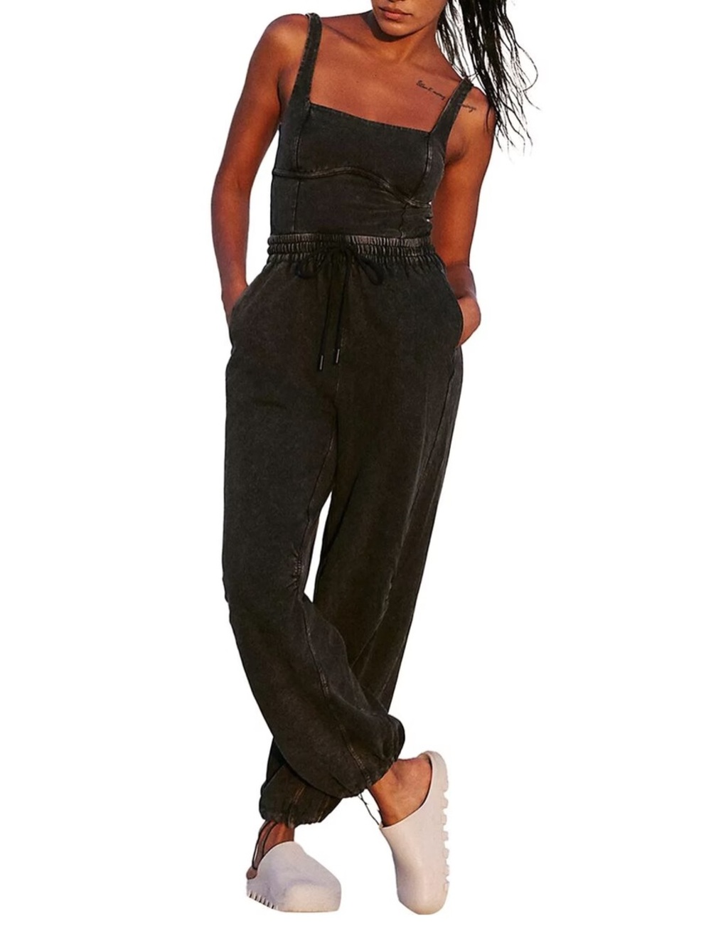 Free People Washed Black Drawstring Jumpsuit